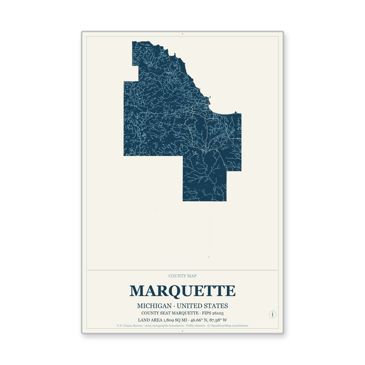Marquette County, Michigan Map Aluminum Sign in Coastal Cutout style