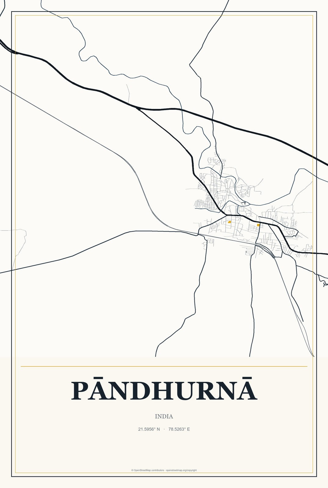 Pāndhurnā, India City Map Aluminum Sign in Citrine Modern style