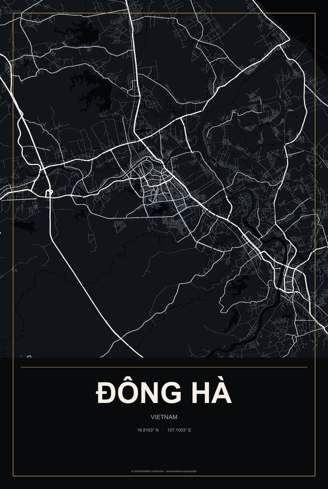 Ðông Hà, Vietnam City Map Aluminum Sign in Metropolitan Noir style