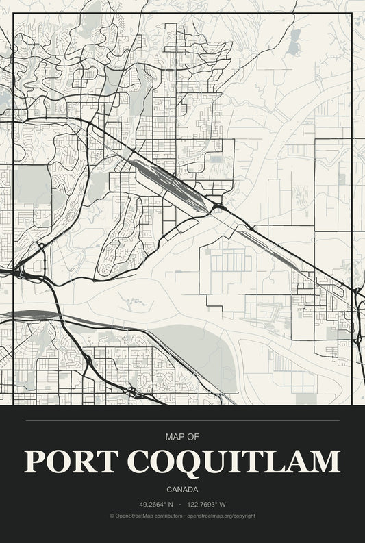 Port Coquitlam, Canada City Map Aluminum Sign in Museum Plaque style