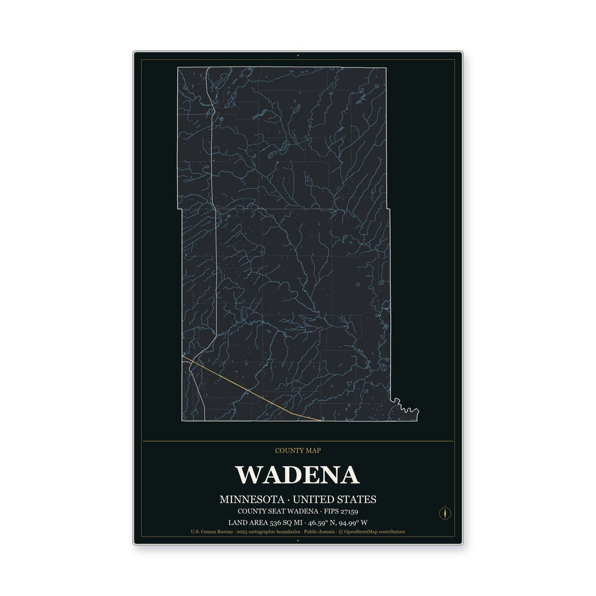 Wadena County, Minnesota Map Aluminum Sign in Metropolitan Noir style