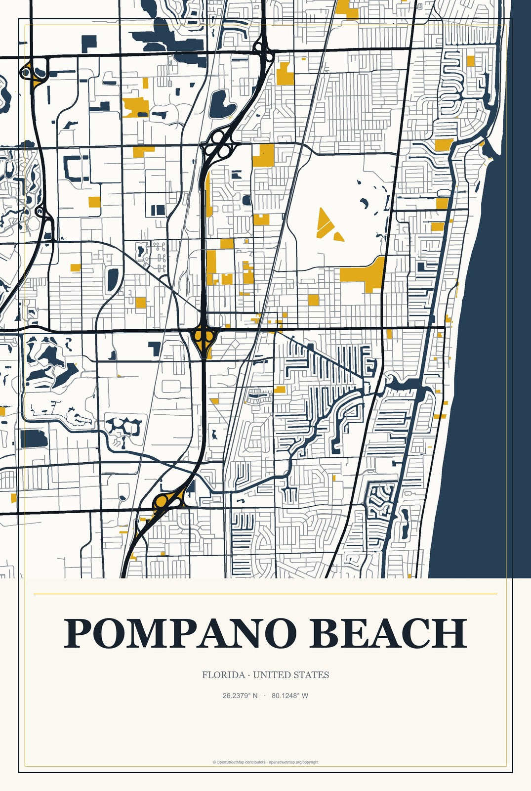 Pompano Beach, Florida City Map Aluminum Sign in Citrine Modern style