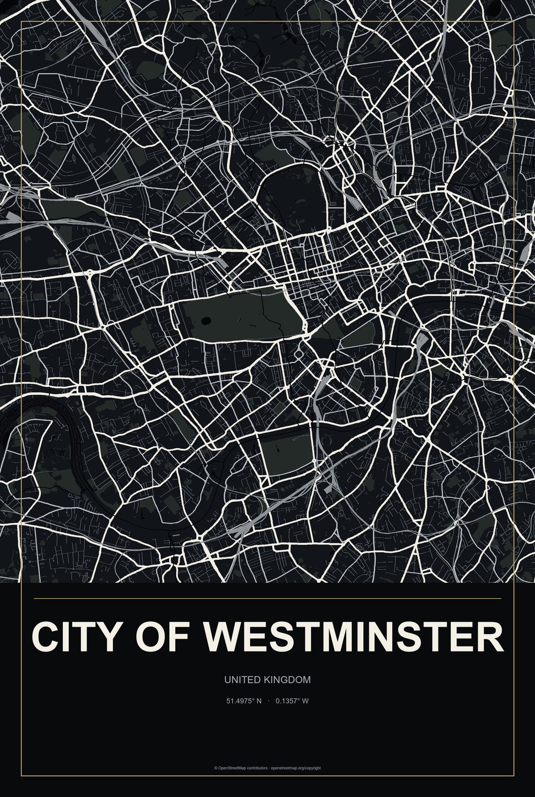City of Westminster, United Kingdom City Map Aluminum Sign in Metropolitan Noir style