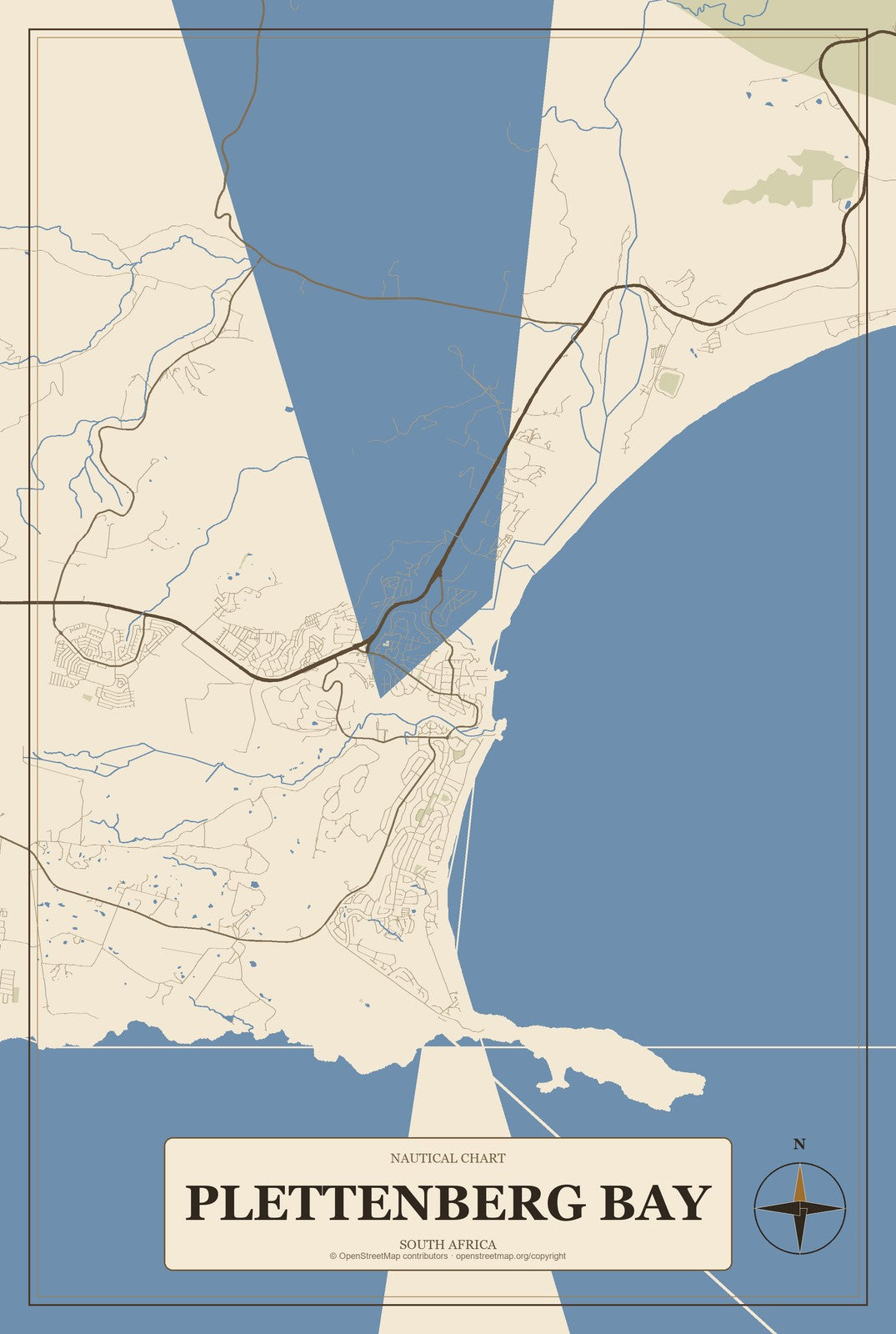 Plettenberg Bay, South Africa City Map Aluminum Sign in Heritage Nautical style