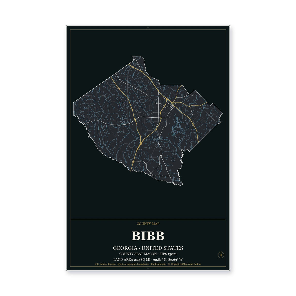 Bibb County, Georgia Map Aluminum Sign in Metropolitan Noir style