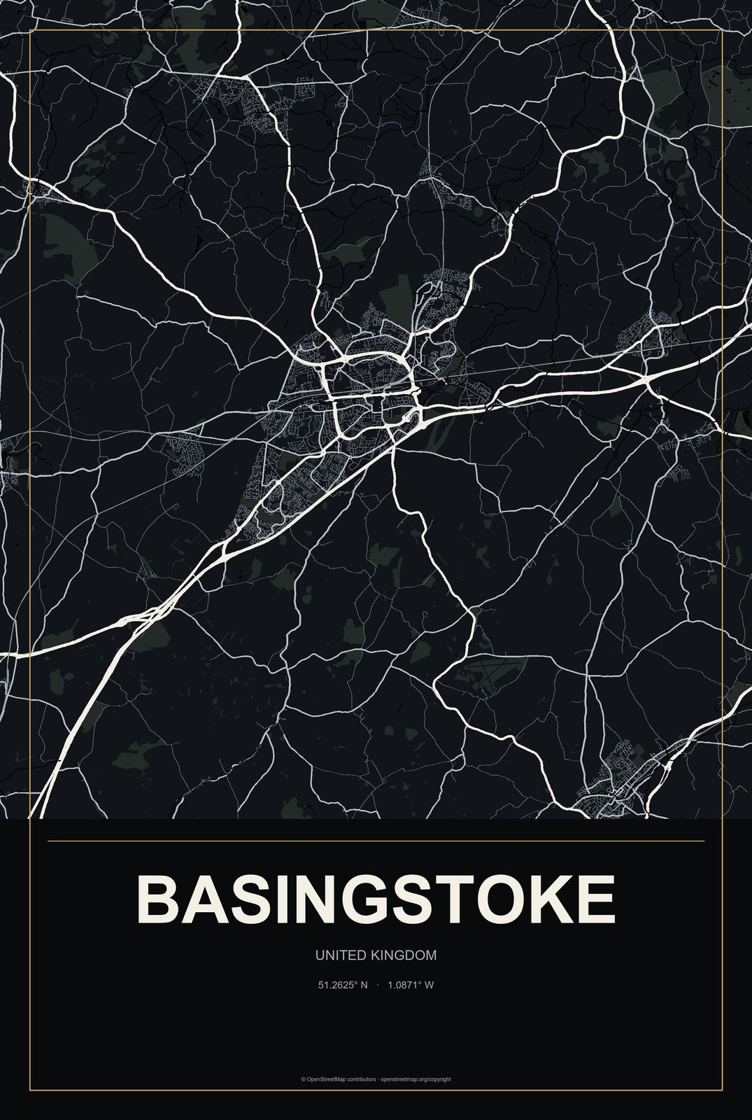 Basingstoke, United Kingdom City Map Aluminum Sign in Metropolitan Noir style
