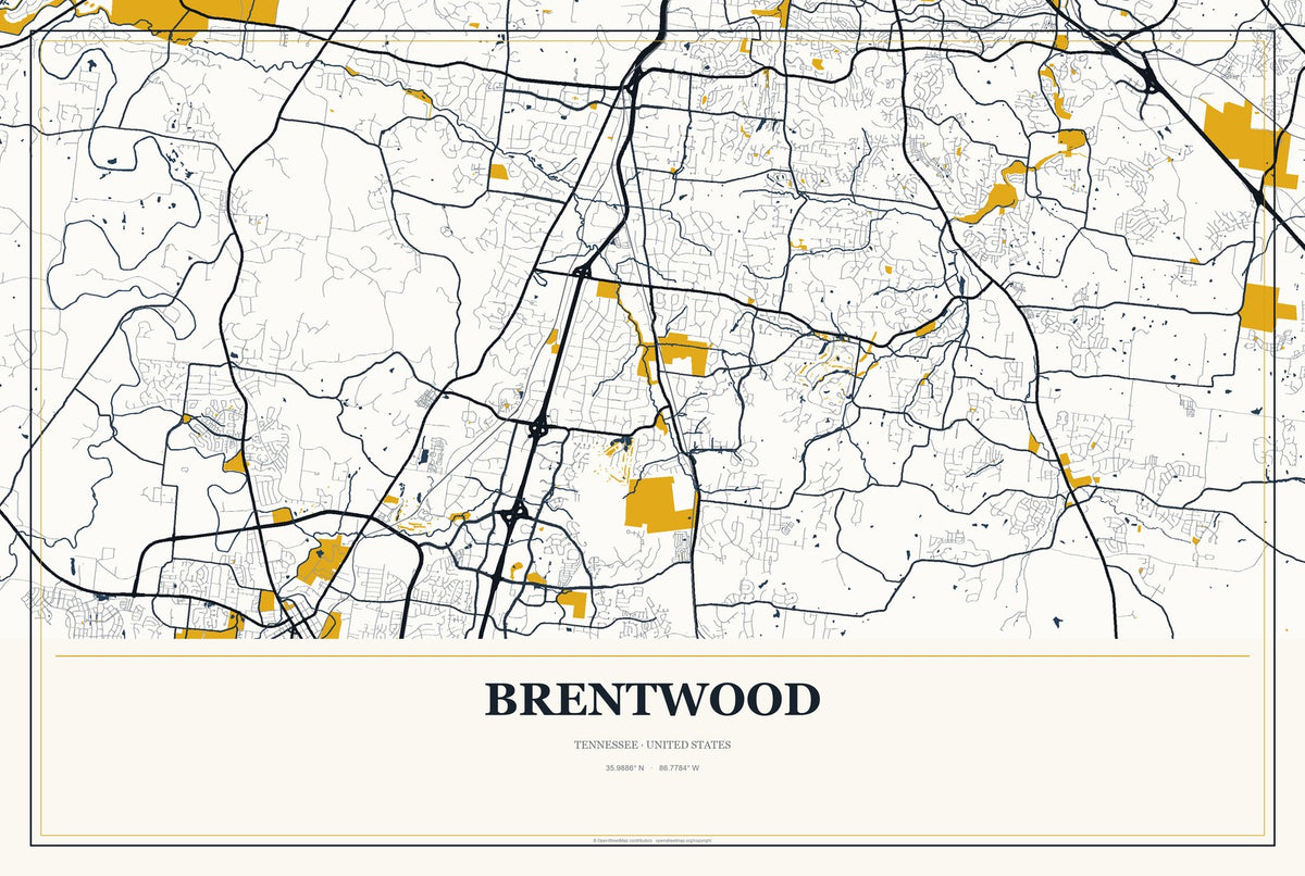 Brentwood, Tennessee City Map Aluminum Sign in Citrine Modern style