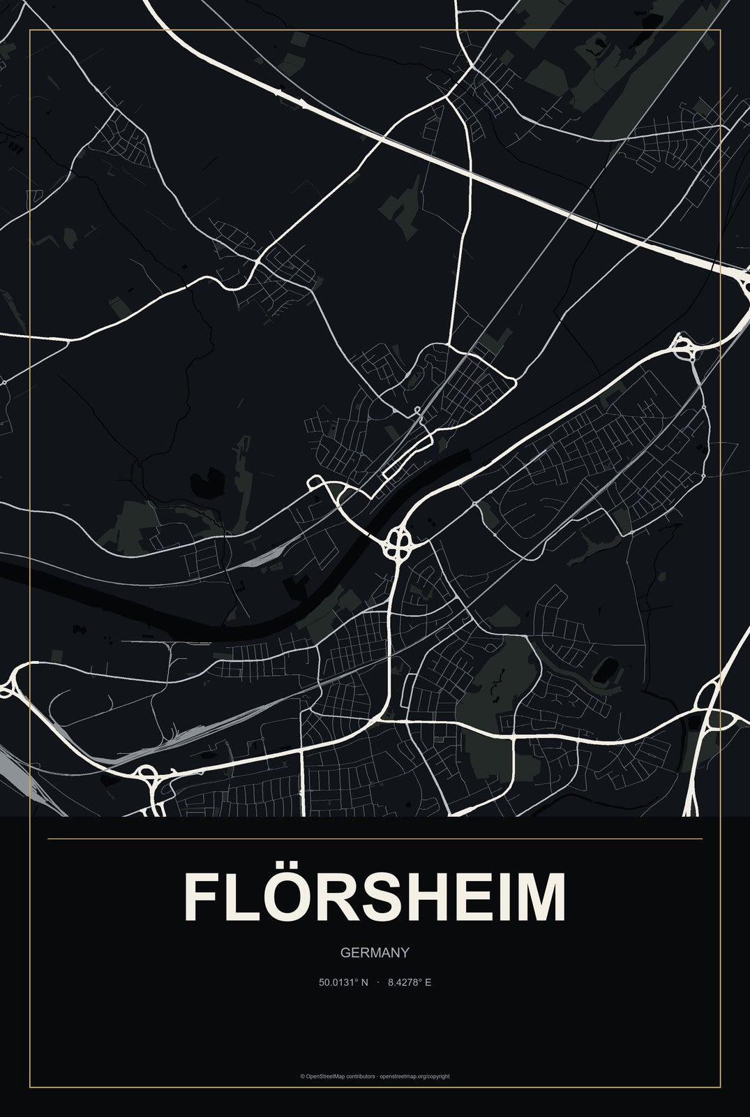 Flörsheim, Germany City Map Aluminum Sign in Metropolitan Noir style