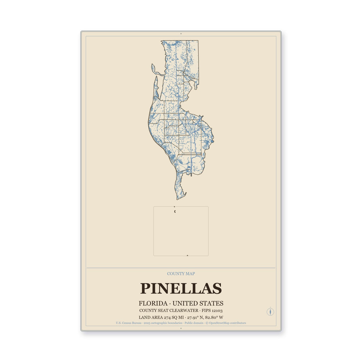 Pinellas County, Florida Map Aluminum Sign in Heritage Nautical style