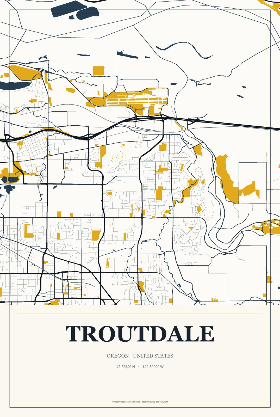 Troutdale, Oregon City Map Aluminum Sign in Citrine Modern style