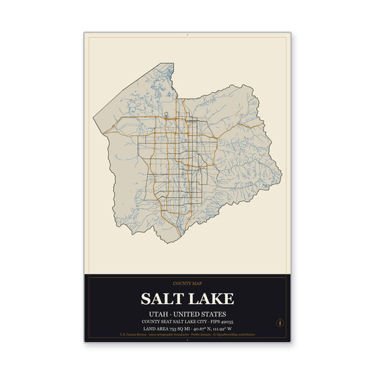 Salt Lake County, Utah Map Aluminum Sign in Museum Plaque style