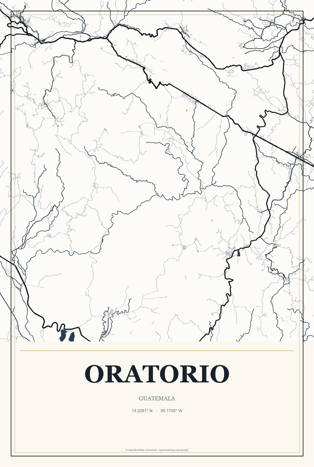 Oratorio, Guatemala City Map Aluminum Sign in Citrine Modern style