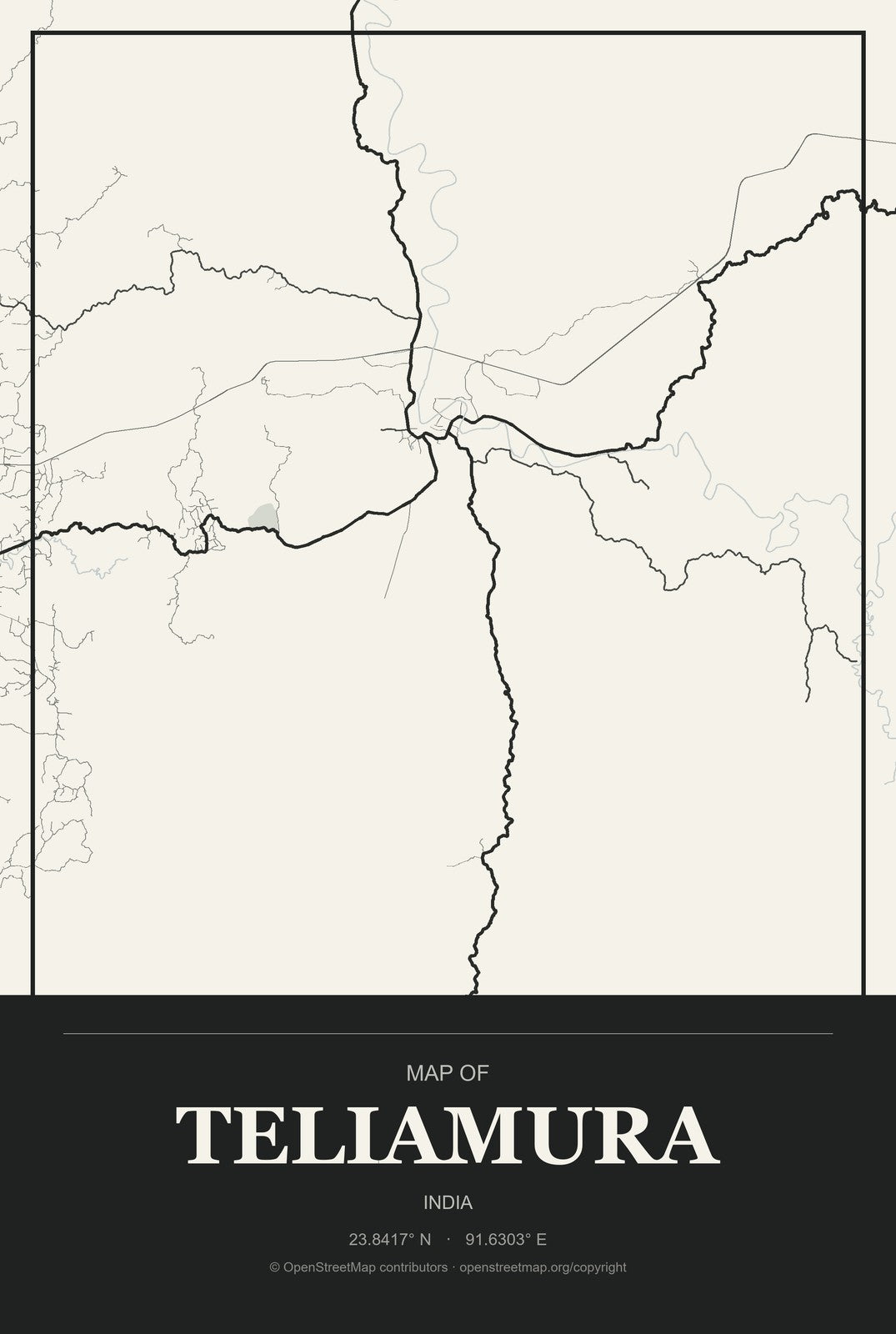 Teliamura, India City Map Aluminum Sign in Museum Plaque style