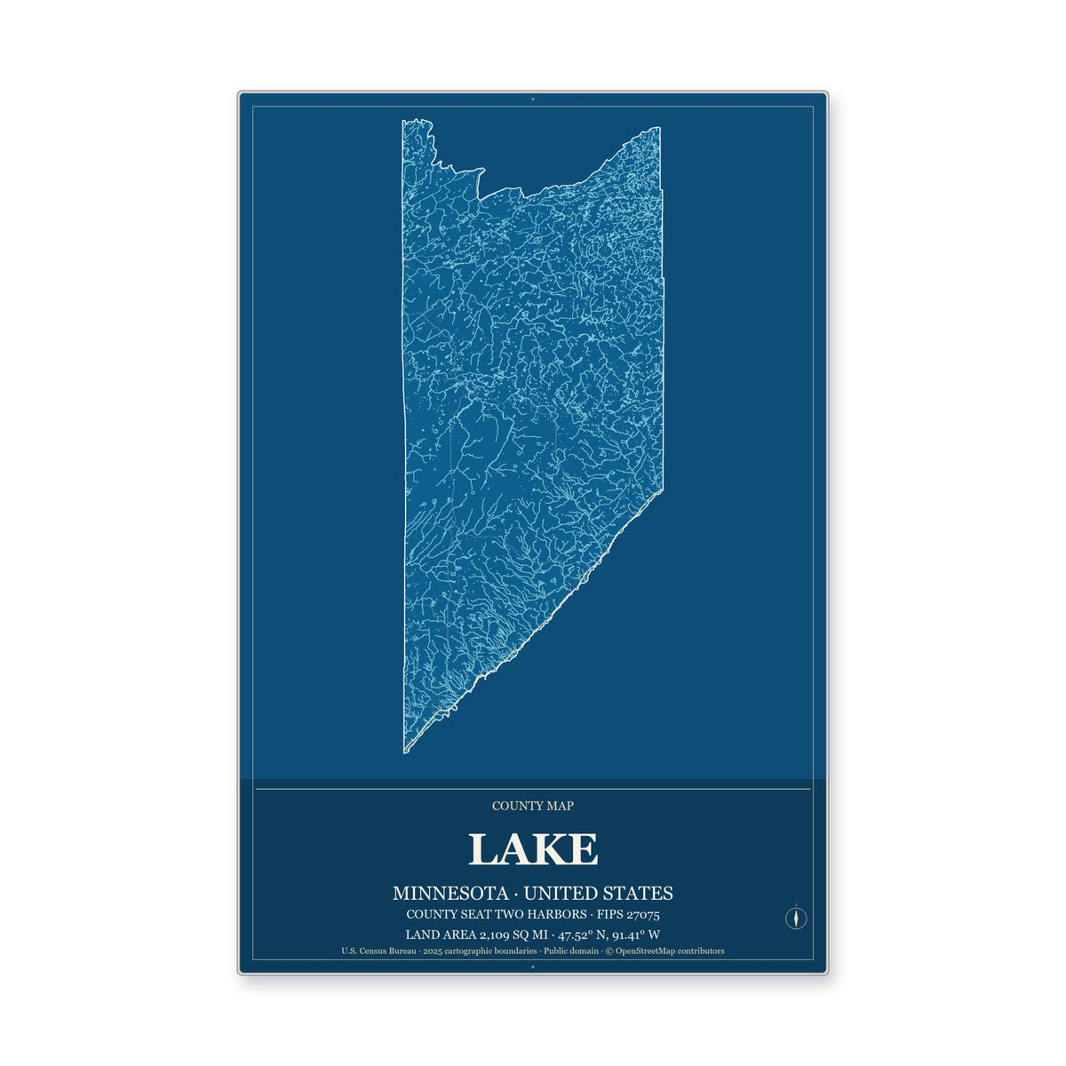 Lake County, Minnesota Map Aluminum Sign in Harbor Cobalt style