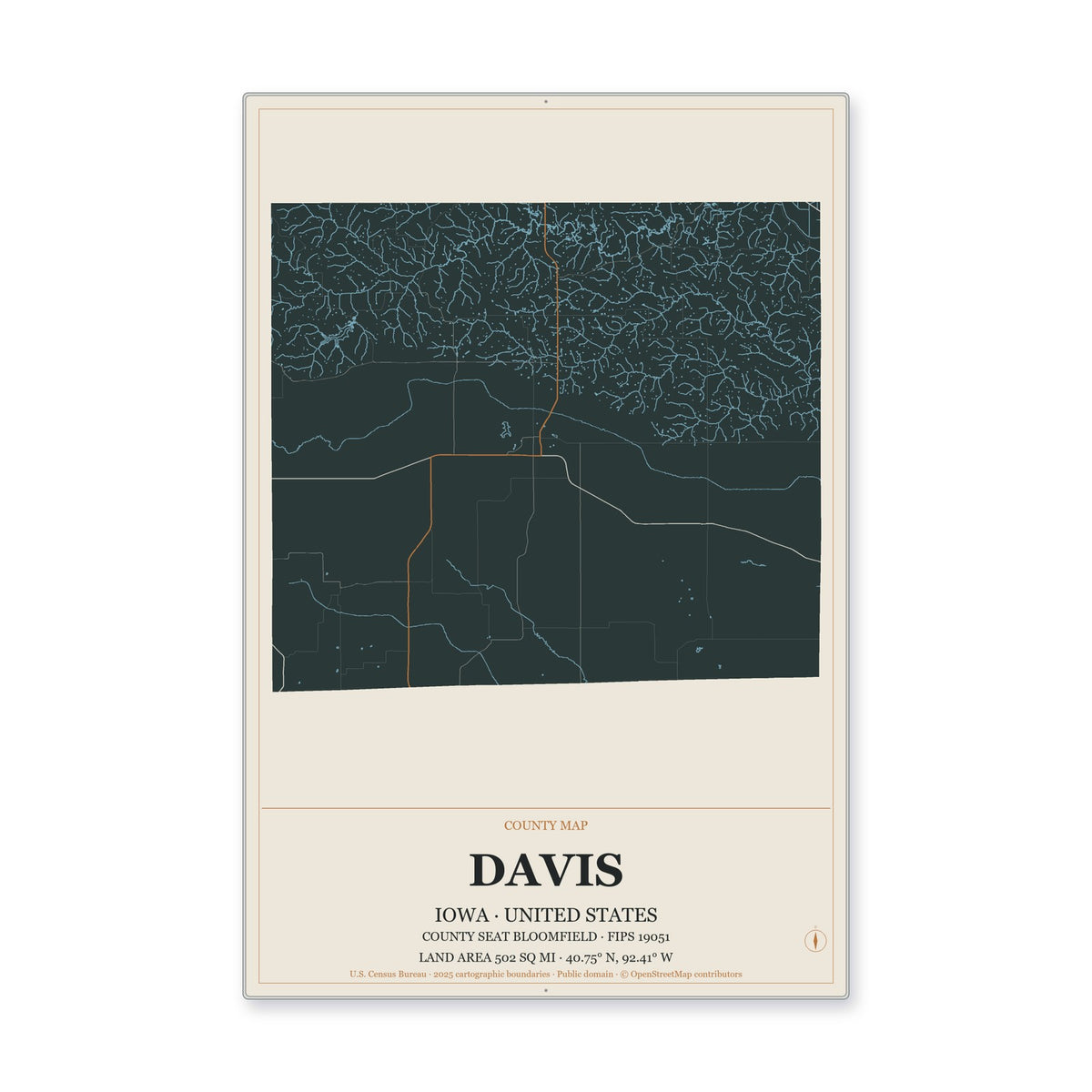 Davis County, Iowa Map Aluminum Sign in Headline Atlas style