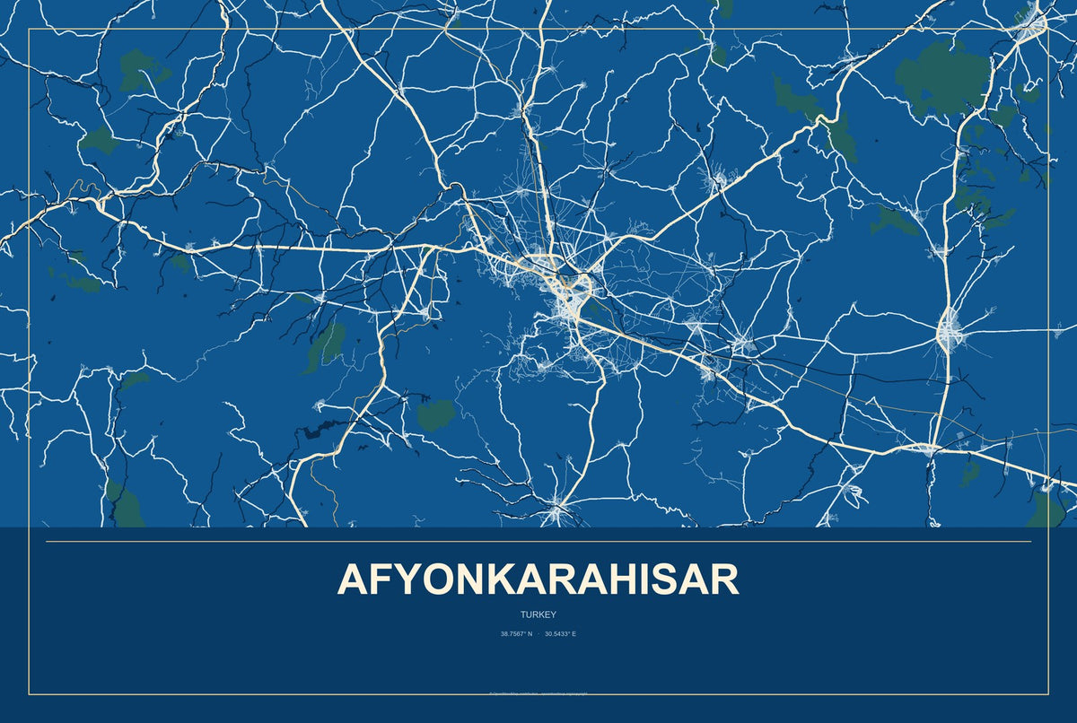 Afyonkarahisar, Turkey City Map Aluminum Sign in Harbor Cobalt style