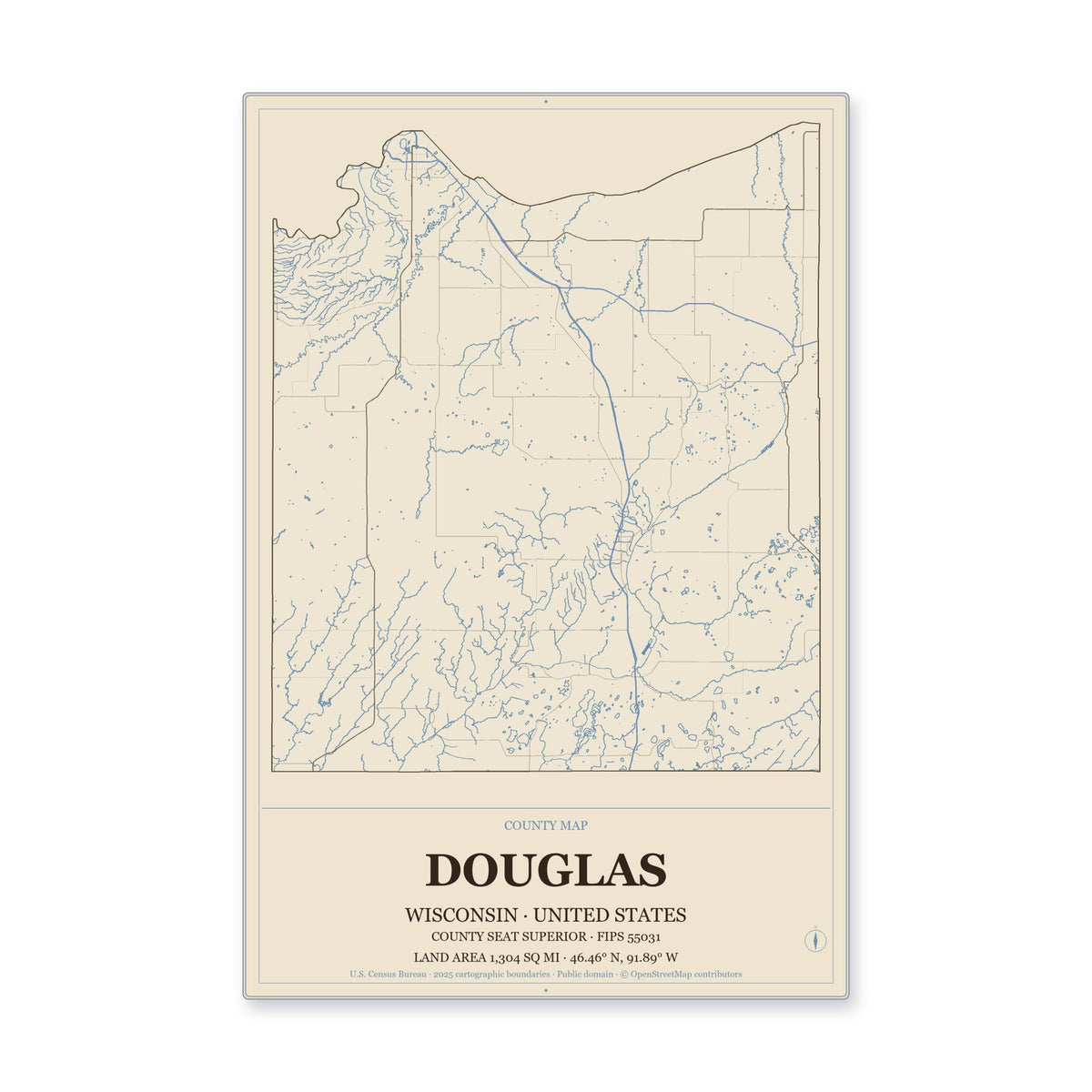 Douglas County, Wisconsin Map Aluminum Sign in Heritage Nautical style