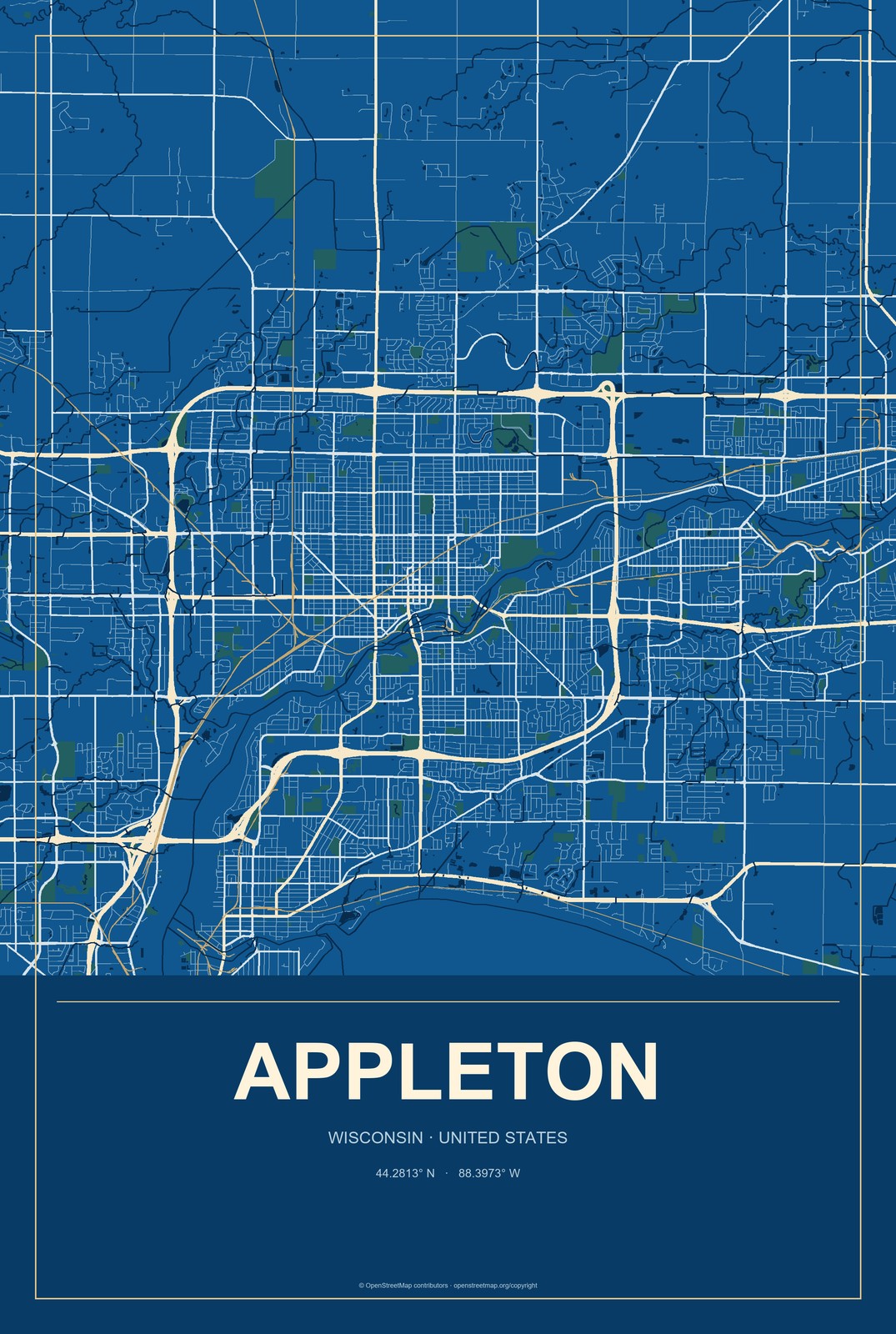 Appleton, Wisconsin City Map Aluminum Sign in Harbor Cobalt style