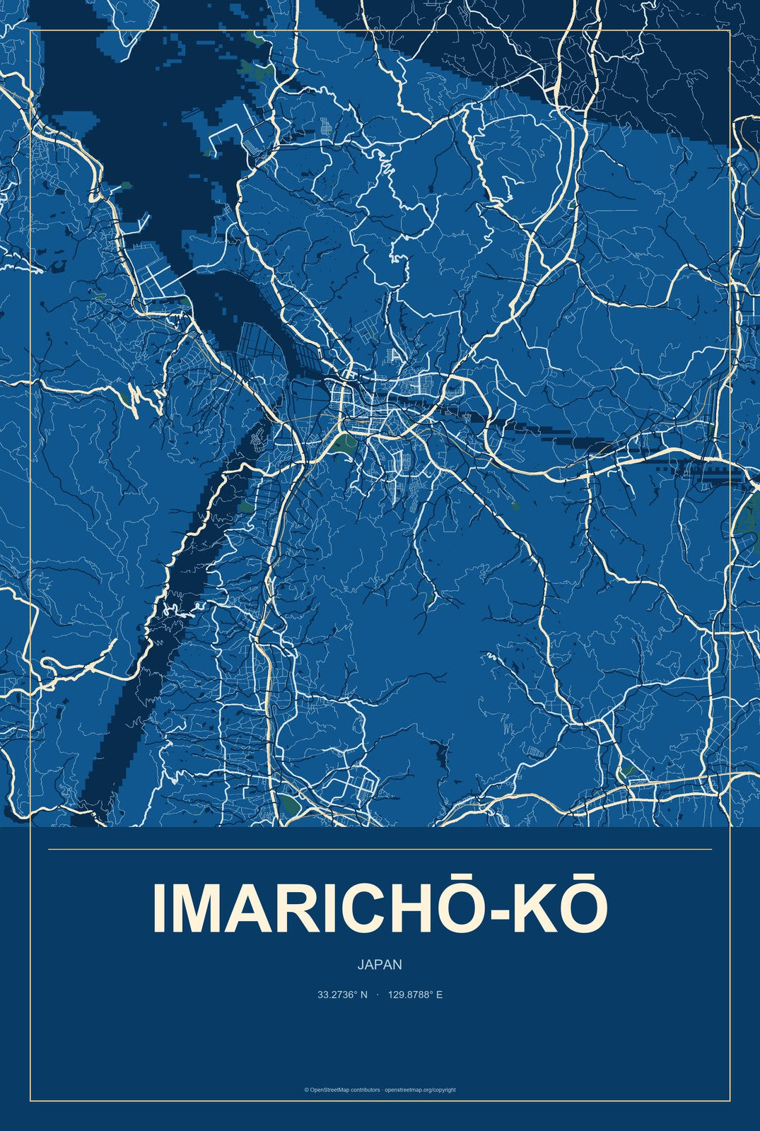 Imarichō-kō, Japan City Map Aluminum Sign in Harbor Cobalt style