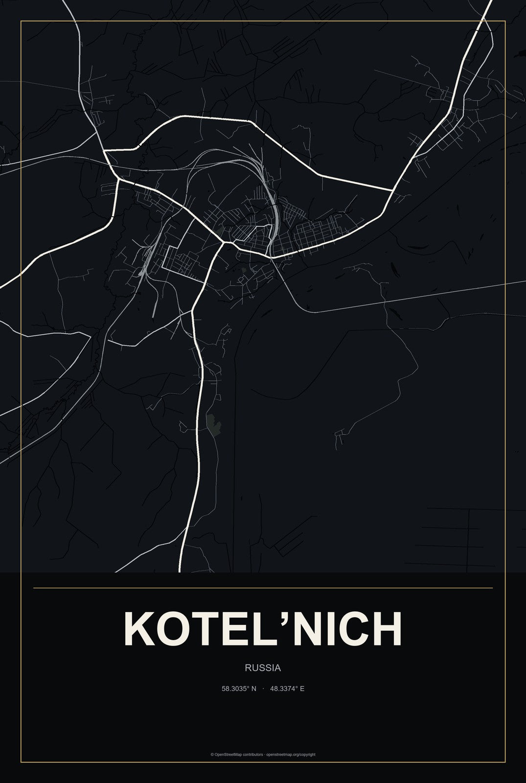 Kotel’nich, Russia City Map Aluminum Sign in Metropolitan Noir style