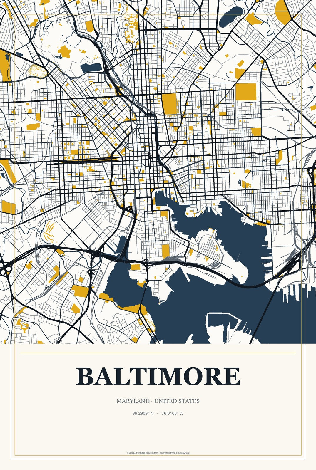 Baltimore, Maryland City Map Aluminum Sign in Citrine Modern style