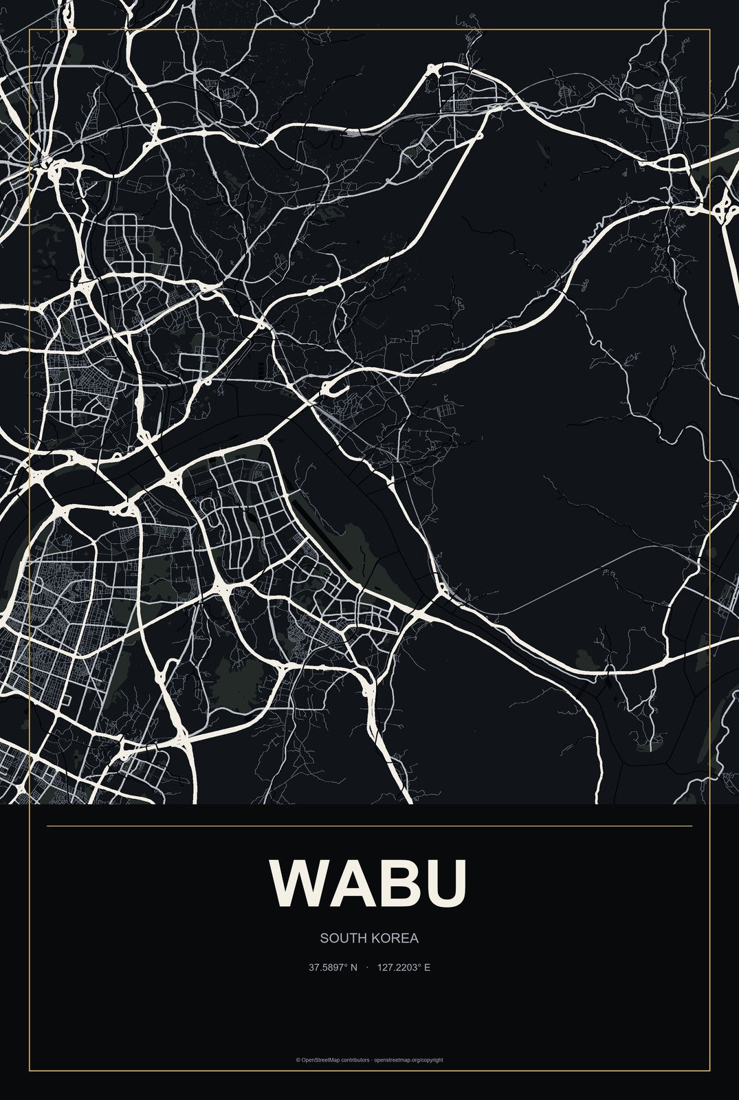 Wabu, South Korea City Map Aluminum Sign in Metropolitan Noir style