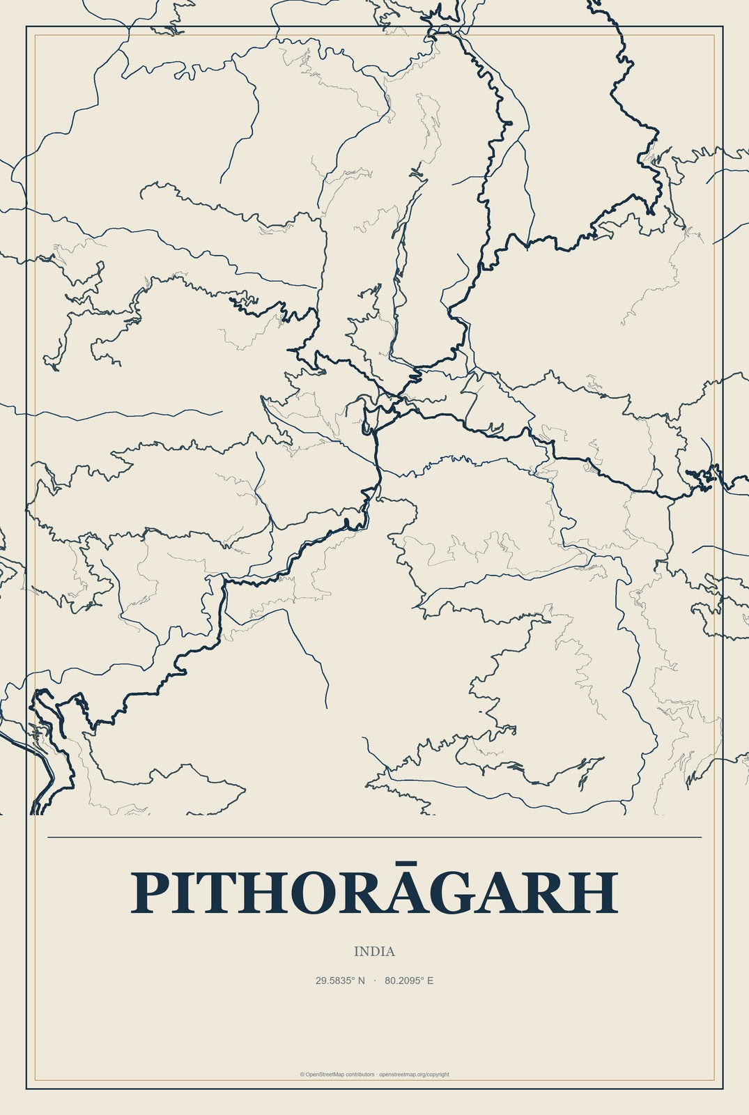 Pithorāgarh, India City Map Aluminum Sign in Coastal Cutout style