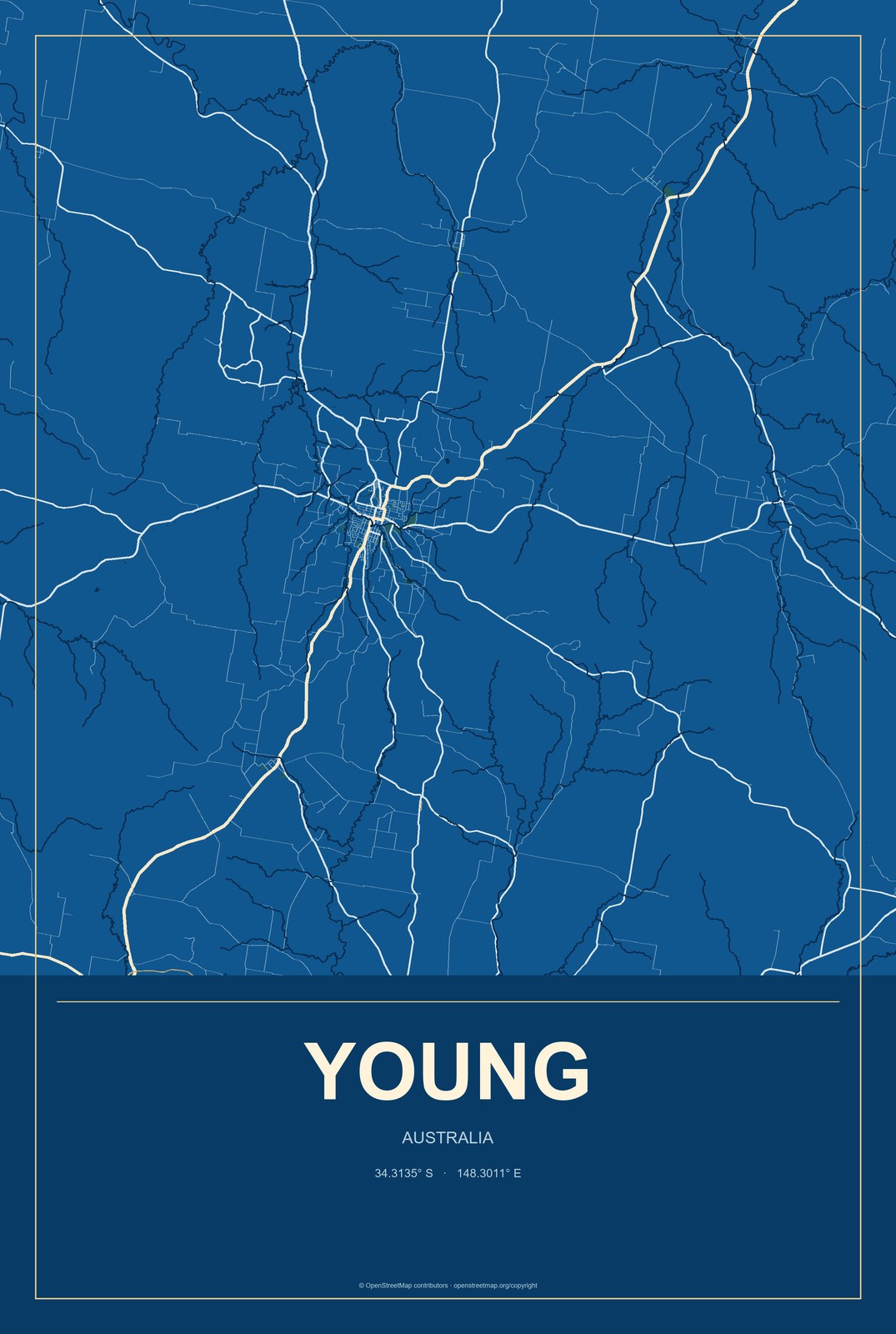 Young, Australia City Map Aluminum Sign in Harbor Cobalt style