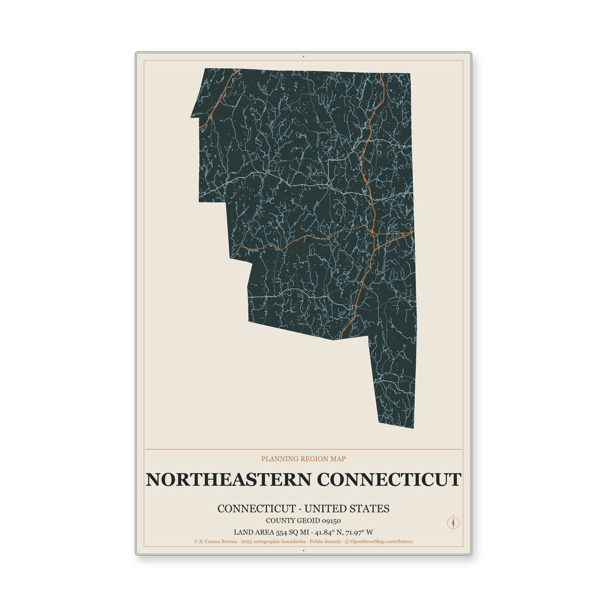 Northeastern Connecticut Planning Region, Connecticut Map Aluminum Sign in Headline Atlas style