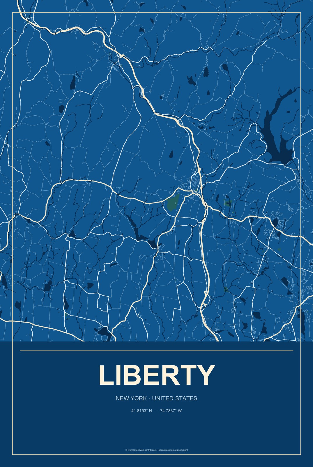 Liberty, New York City Map Aluminum Sign in Harbor Cobalt style