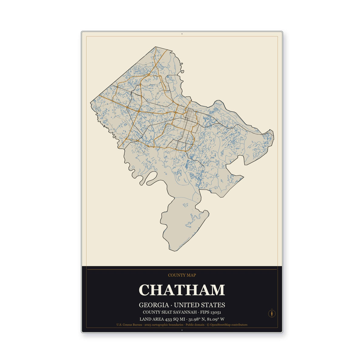 Chatham County, Georgia Map Aluminum Sign in Museum Plaque style