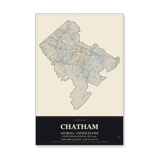 Chatham County, Georgia Map Aluminum Sign in Museum Plaque style