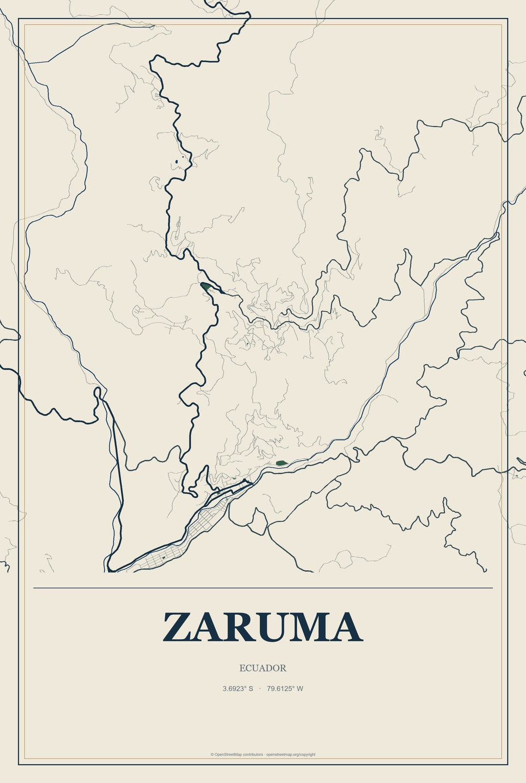 Zaruma, Ecuador City Map Aluminum Sign in Coastal Cutout style