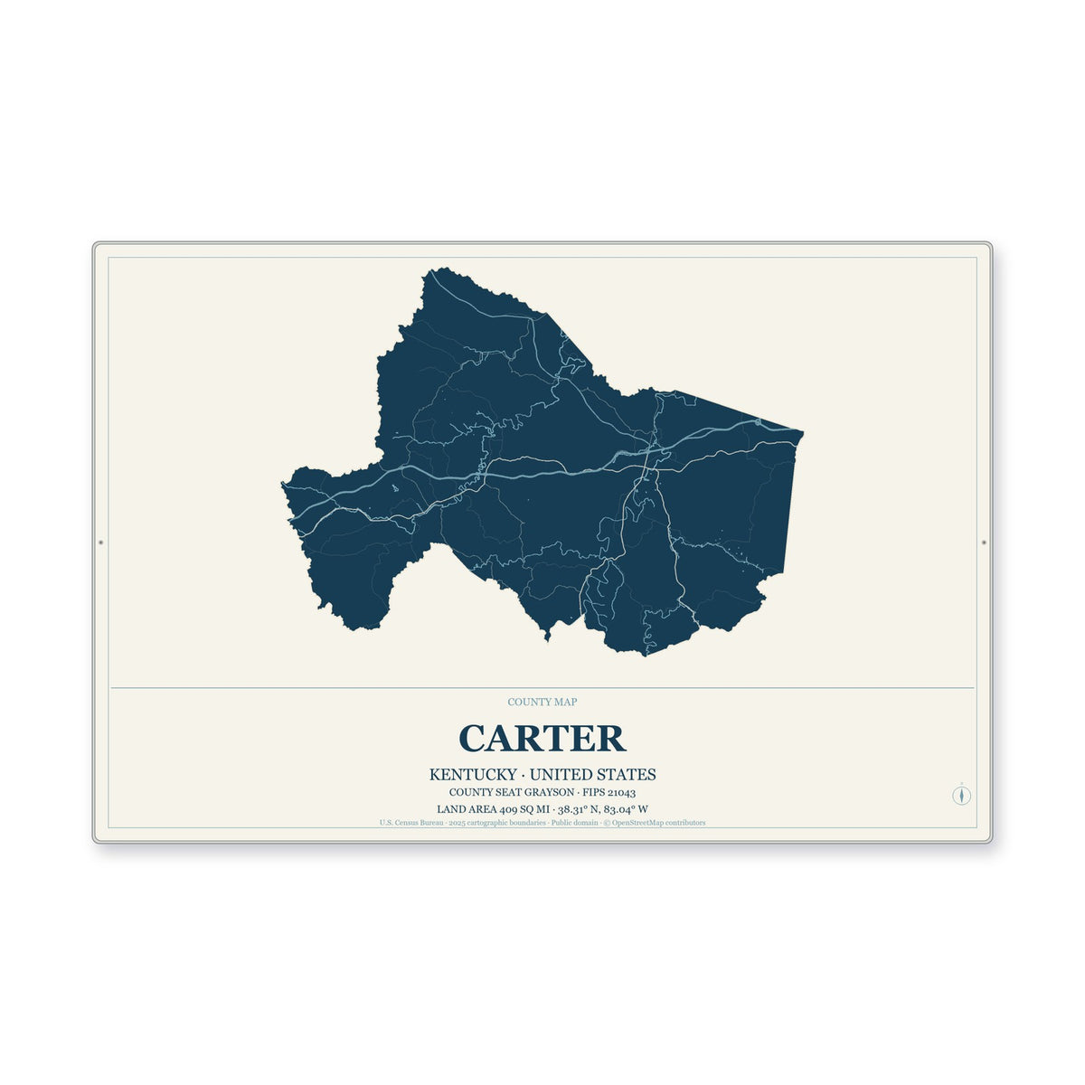 Carter County, Kentucky Map Aluminum Sign in Coastal Cutout style