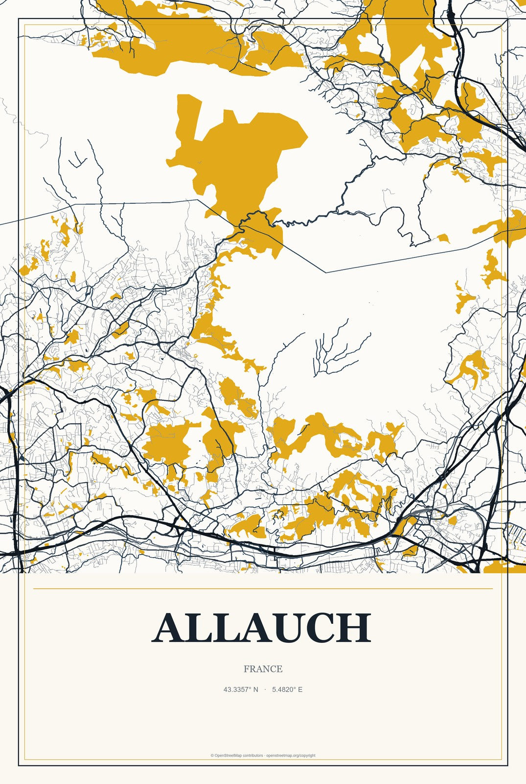 Allauch, France City Map Aluminum Sign in Citrine Modern style