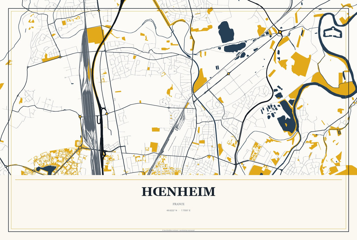 Hœnheim, France City Map Aluminum Sign in Citrine Modern style