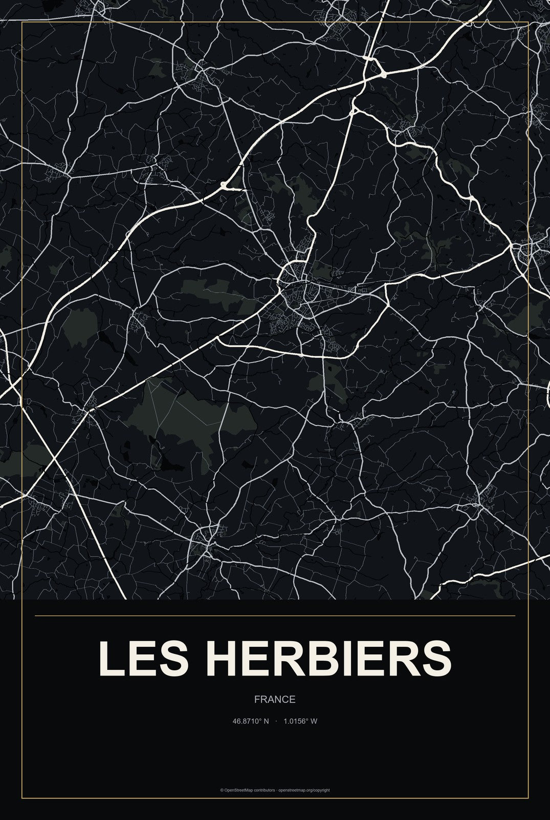 Les Herbiers, France City Map Aluminum Sign in Metropolitan Noir style
