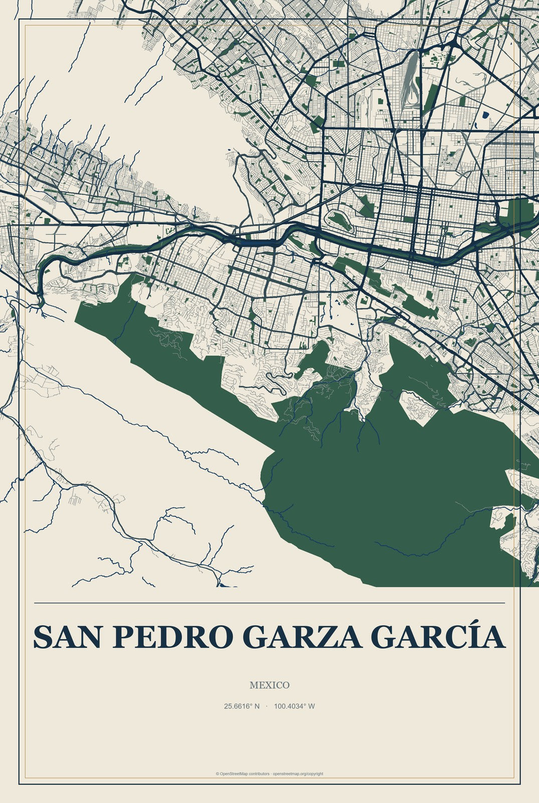 San Pedro Garza García, Mexico City Map Aluminum Sign in Coastal Cutout style