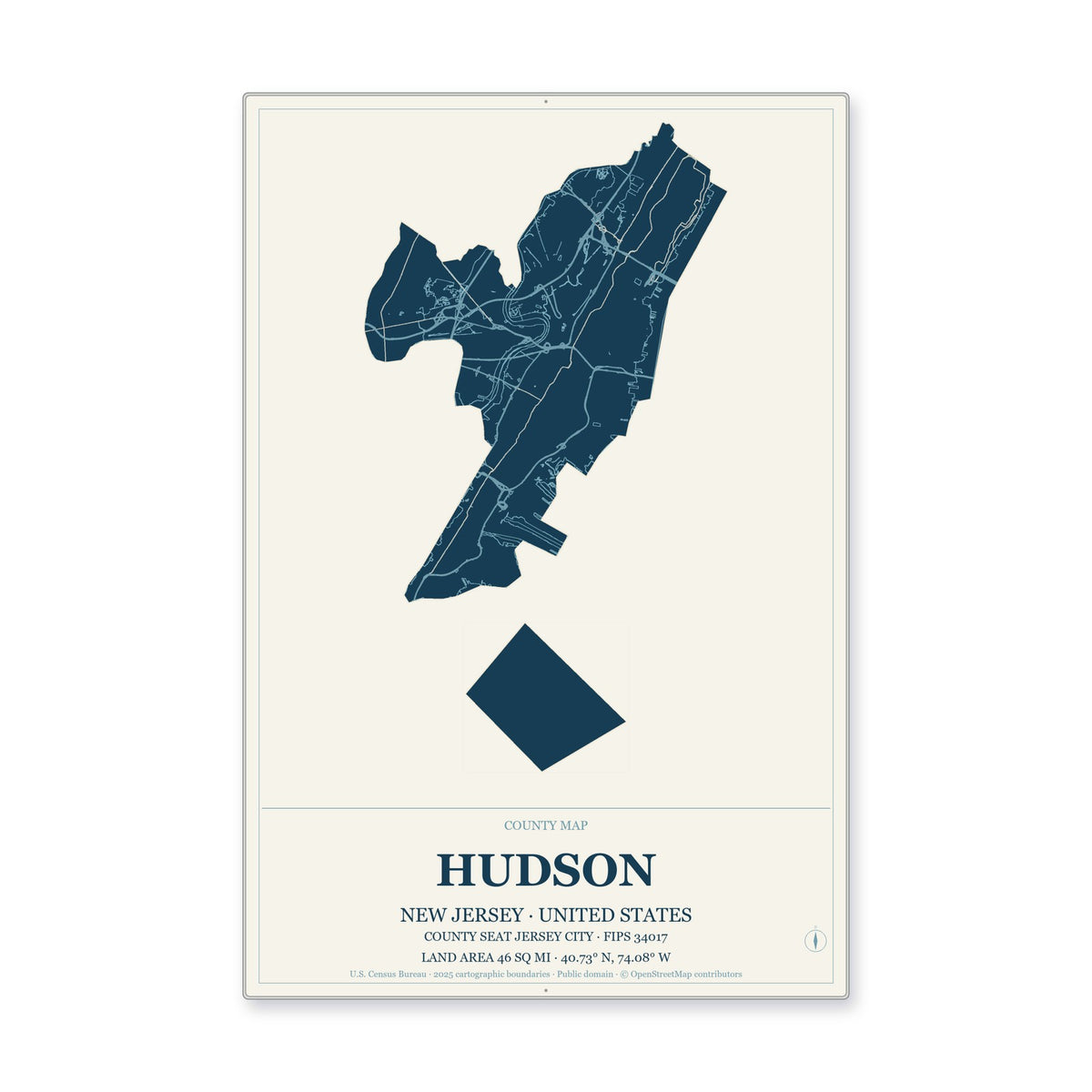 Hudson County, New Jersey Map Aluminum Sign in Coastal Cutout style