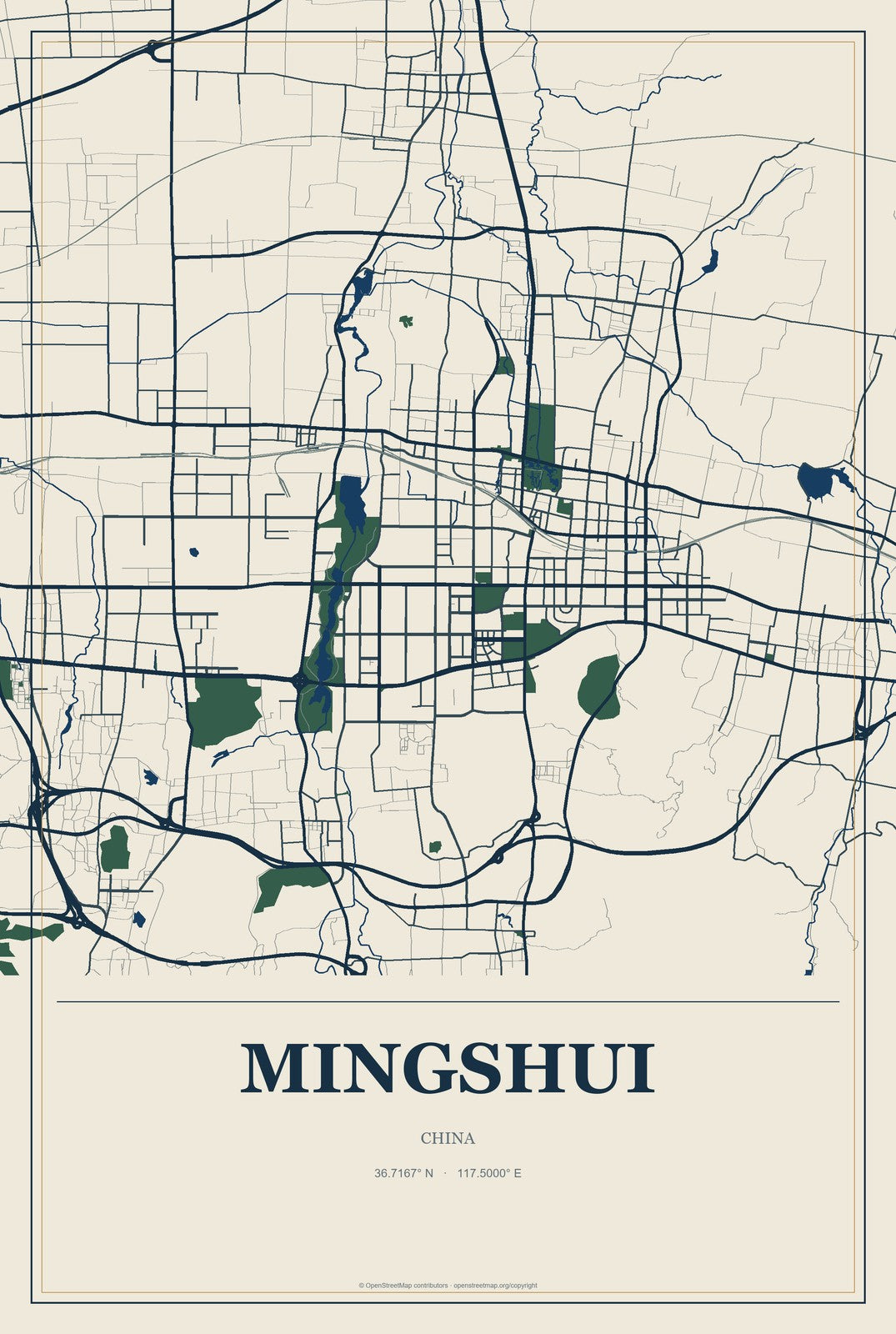 Mingshui, Shandong, China City Map Aluminum Sign in Coastal Cutout style