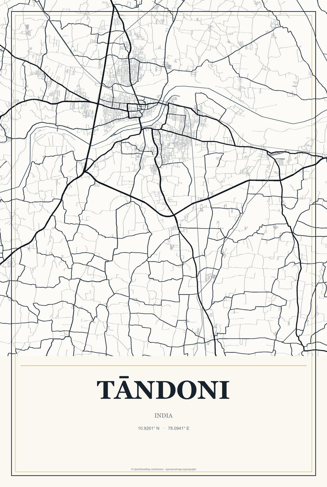 Tāndoni, India City Map Aluminum Sign in Citrine Modern style