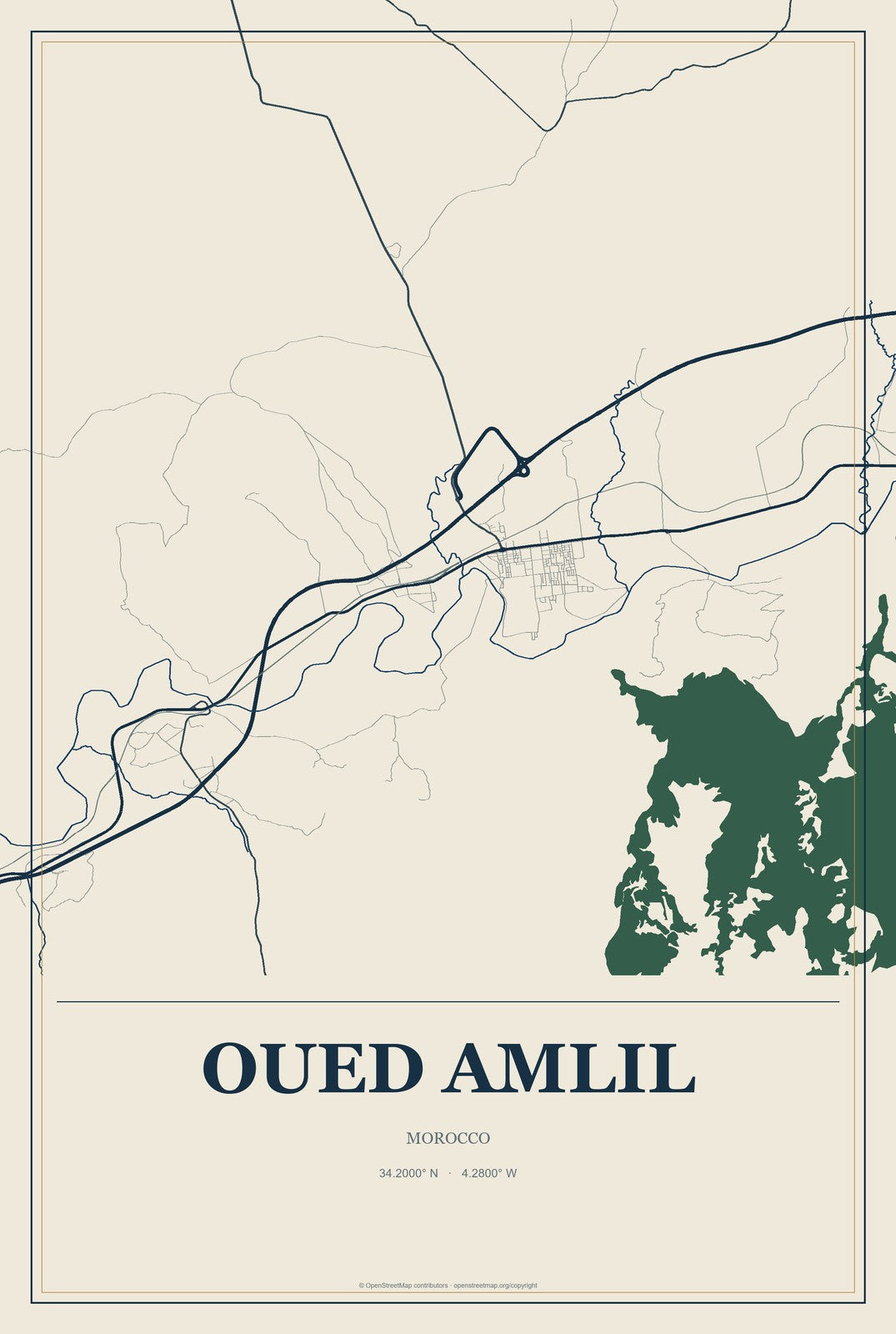 Oued Amlil, Morocco City Map Aluminum Sign in Coastal Cutout style