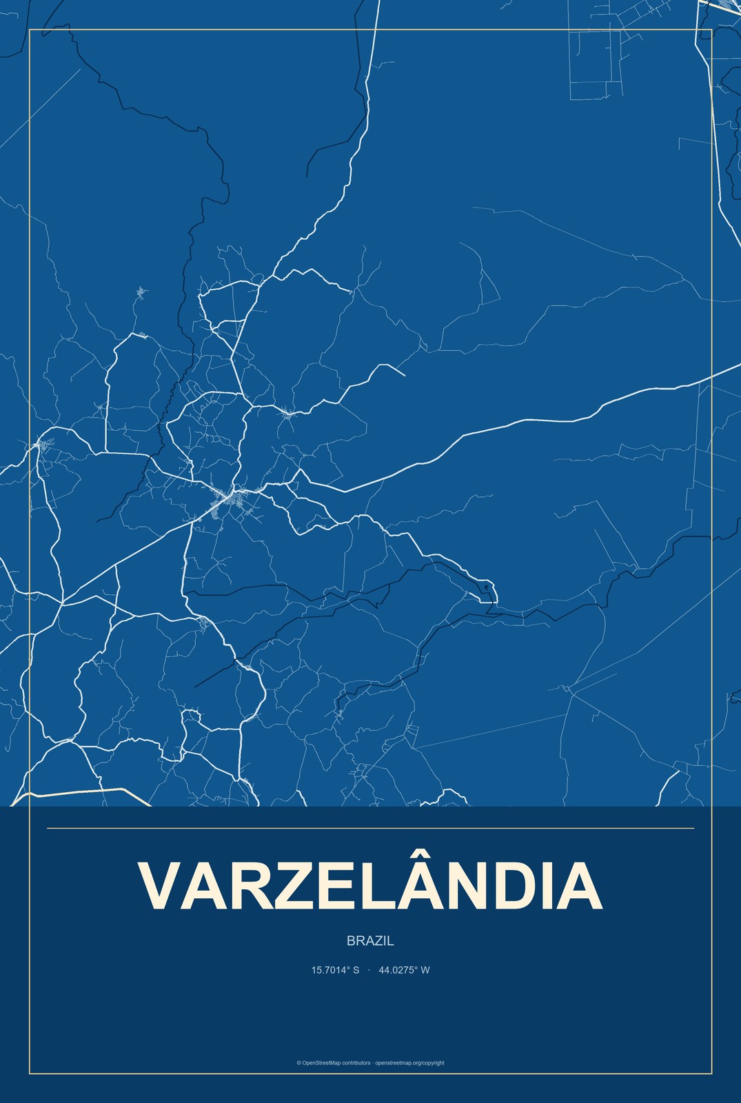 Varzelândia, Brazil City Map Aluminum Sign in Harbor Cobalt style