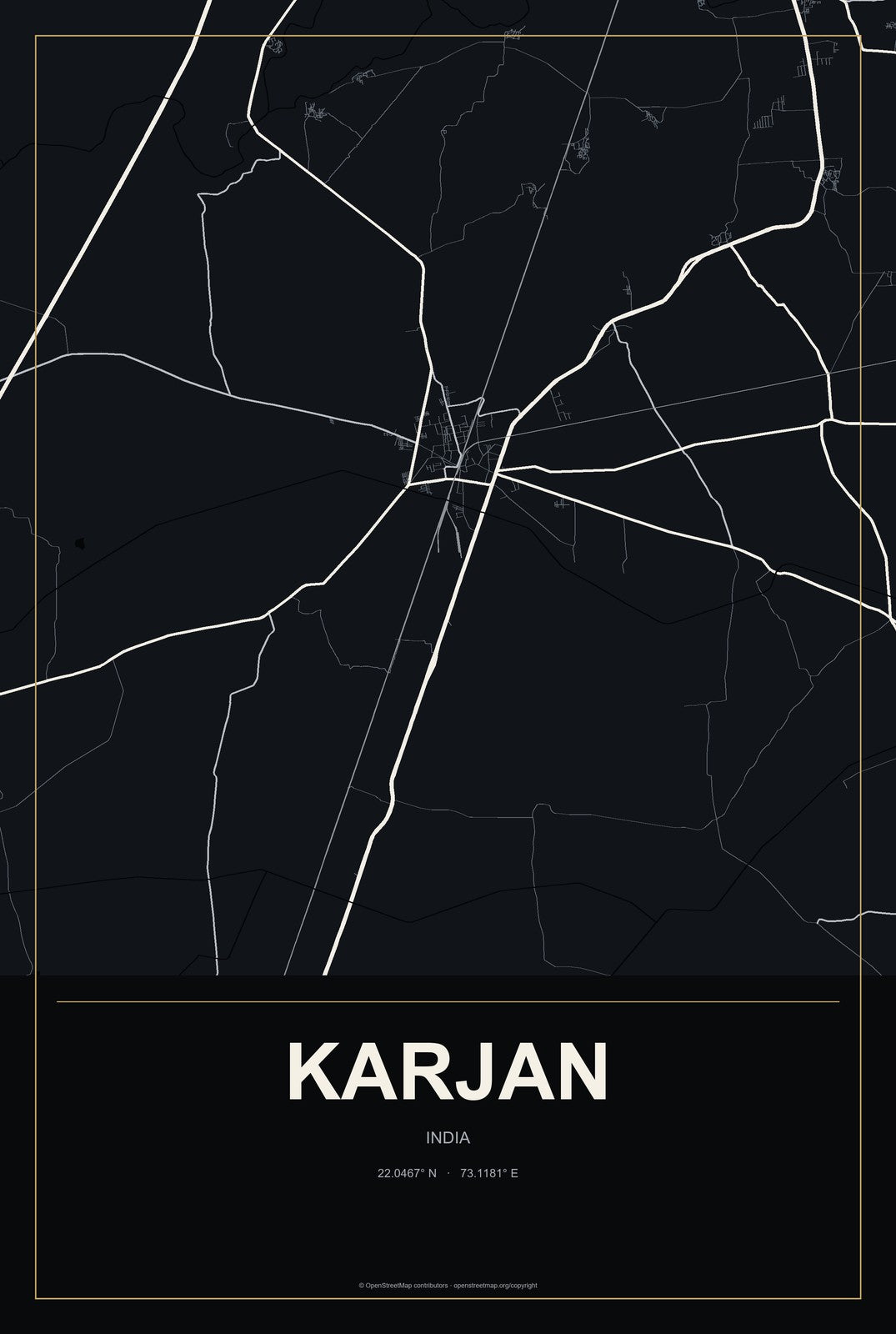 Karjan, India City Map Aluminum Sign in Metropolitan Noir style