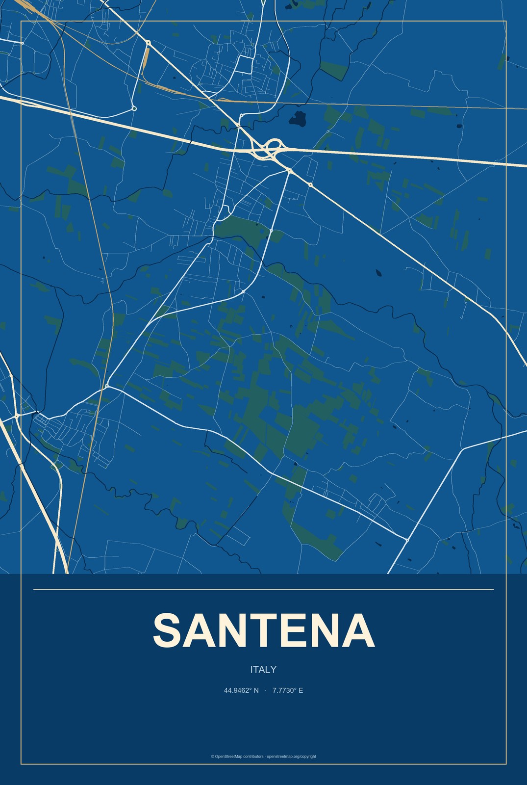 Santena, Italy City Map Aluminum Sign in Harbor Cobalt style