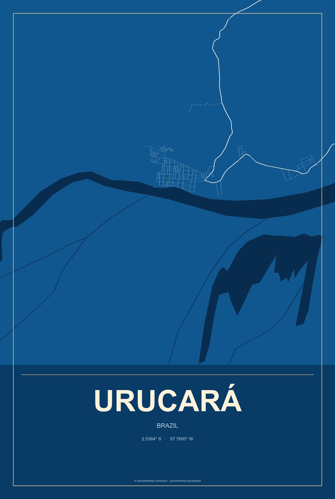 Urucará, Brazil City Map Aluminum Sign in Harbor Cobalt style
