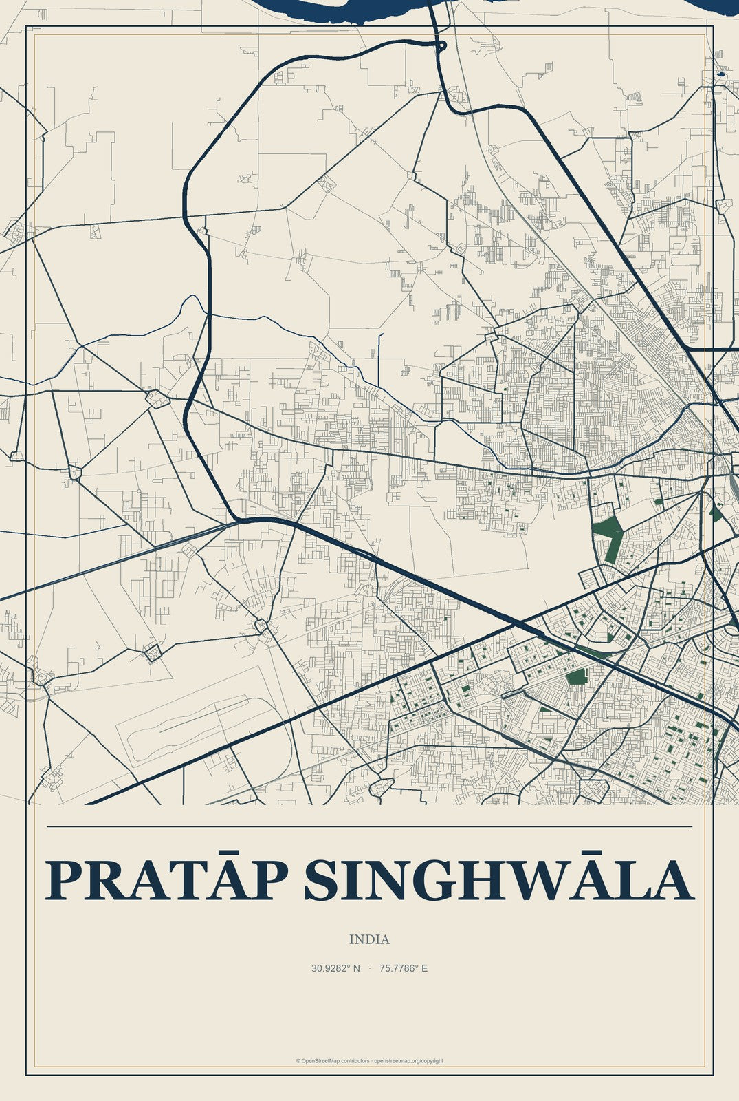 Pratāp Singhwāla, India City Map Aluminum Sign in Coastal Cutout style