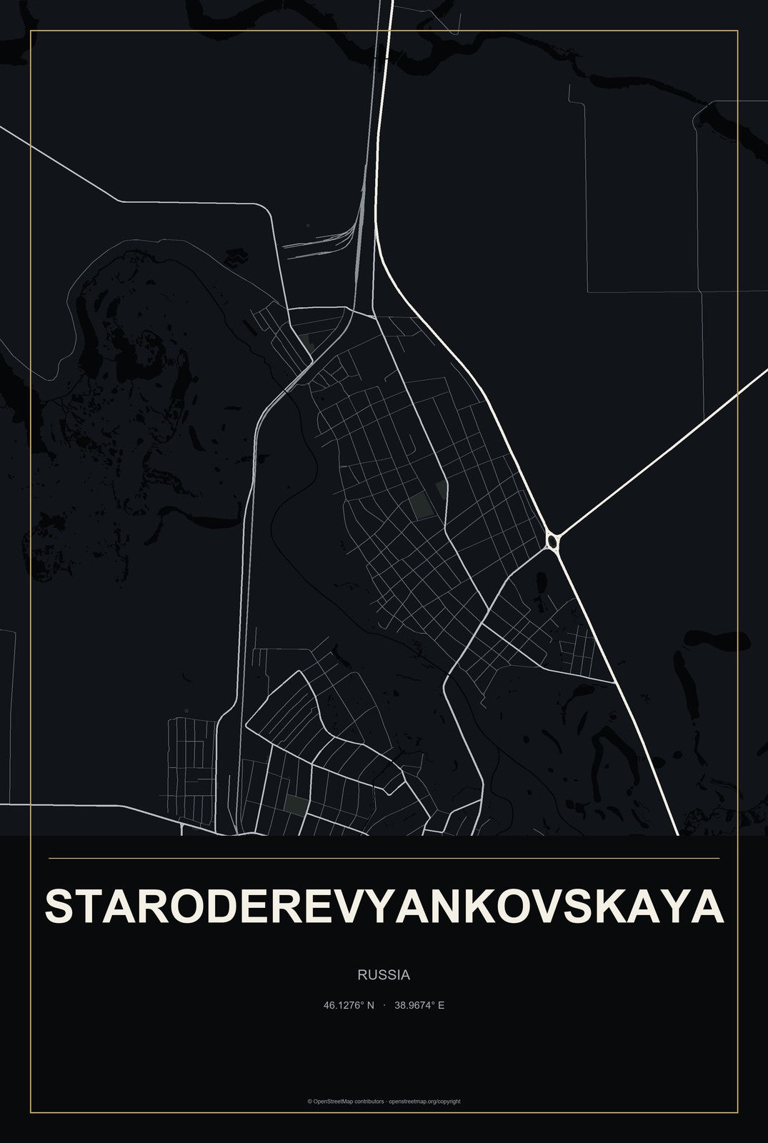 Staroderevyankovskaya, Russia City Map Aluminum Sign in Metropolitan Noir style