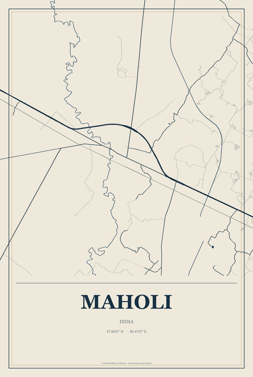 Maholi, India City Map Aluminum Sign in Coastal Cutout style