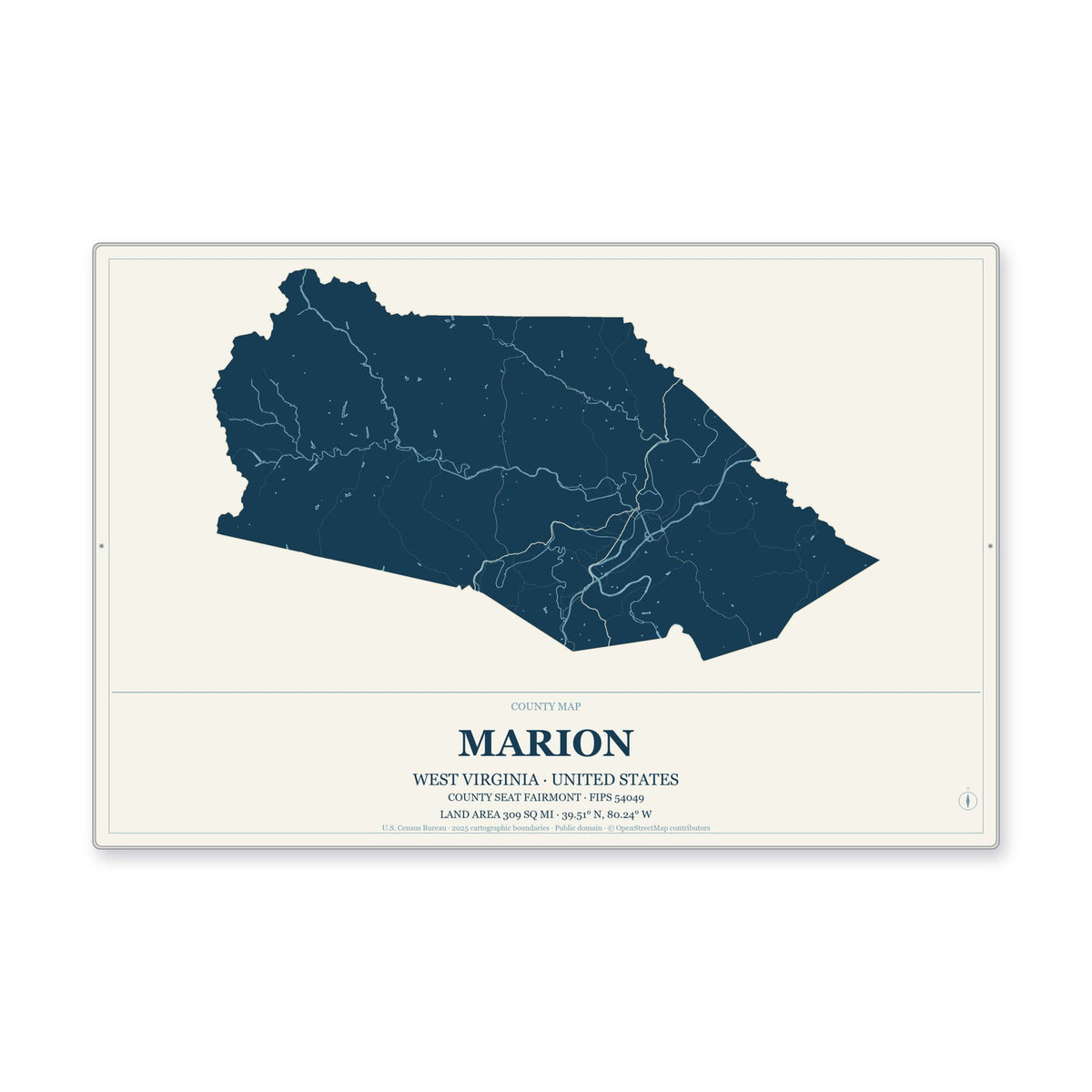 Marion County, West Virginia Map Aluminum Sign in Coastal Cutout style